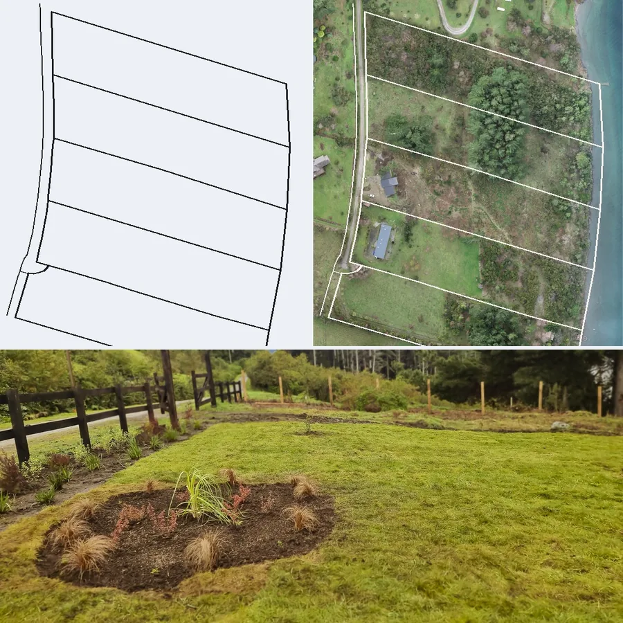 Tríptico: trazado de lotes, ortofoto con el trazado superpuesto y el jardín terminado.